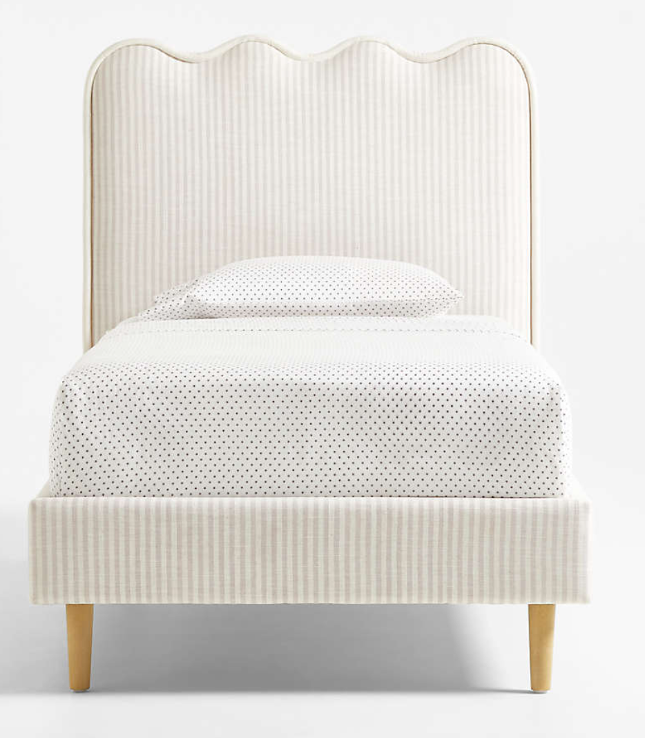 Waveland Ivory and Natural Stripe Upholstered Kids Twin Bed Cute Striped Kids Bed Twin Full 